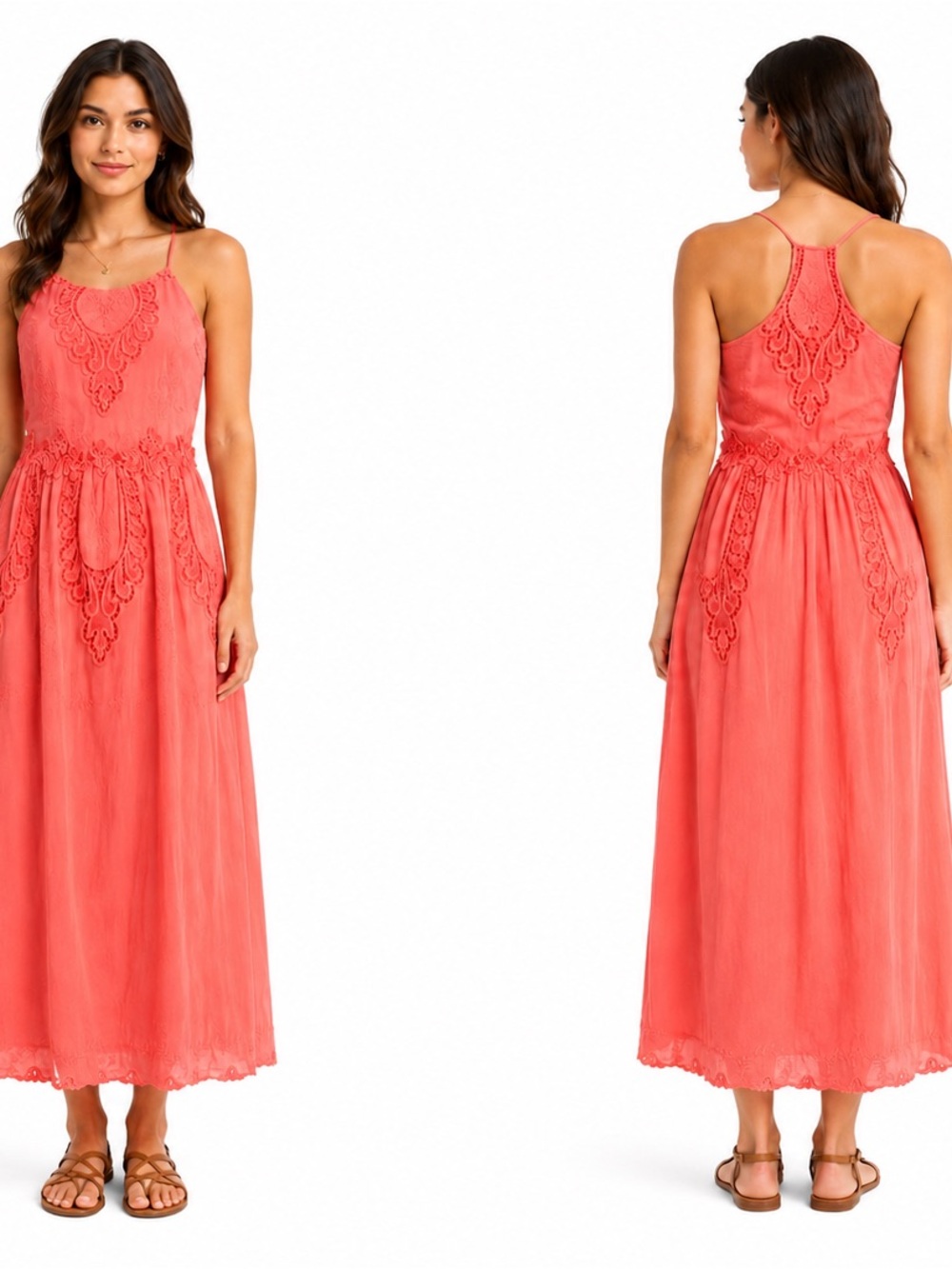 Dolce Vita Coral Pink Silk Lace-Detail Racerback Maxi Dress XS